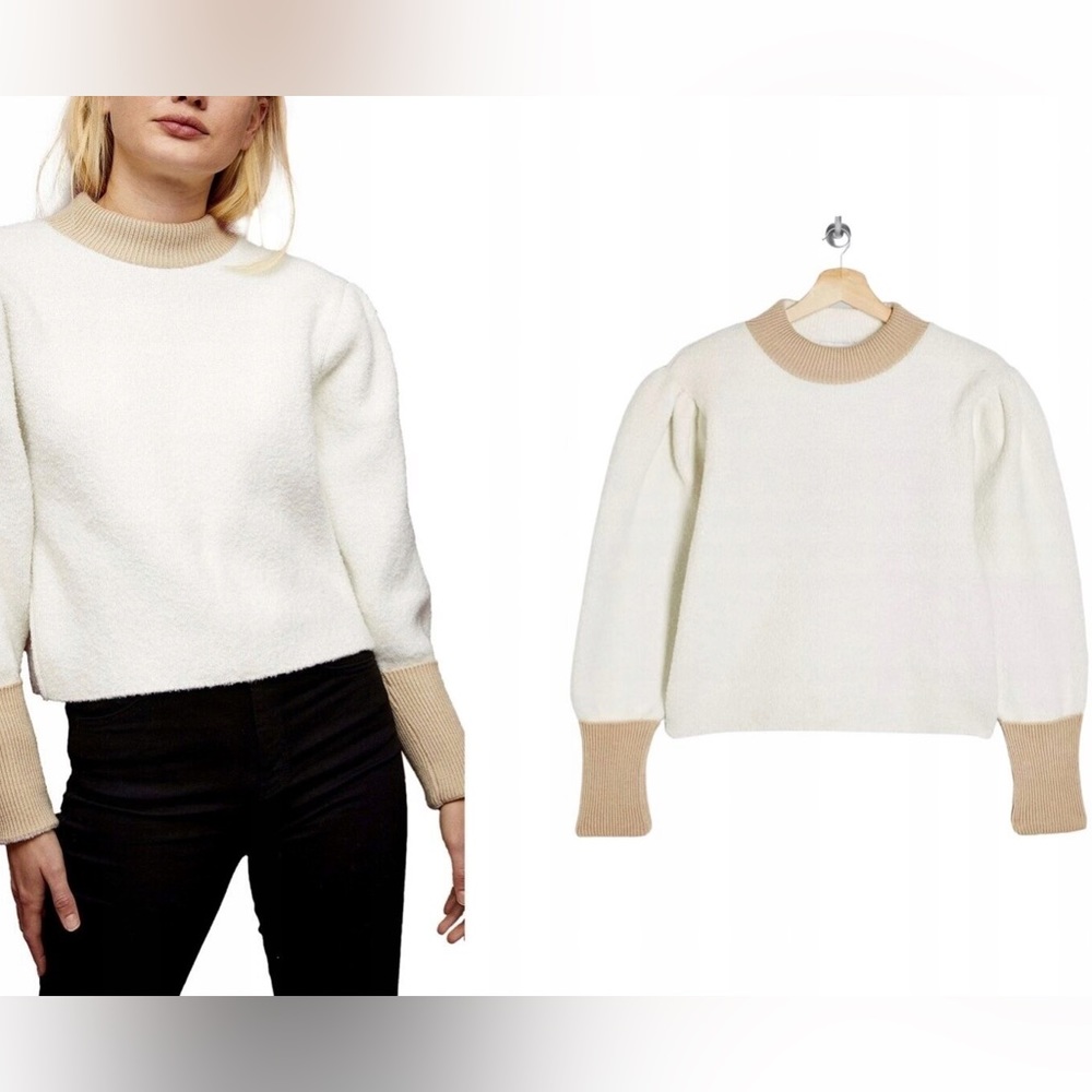 Topshop Sweater Womens Knit Puff Long Sleeve Mock Neck Stretch Off White 8-10